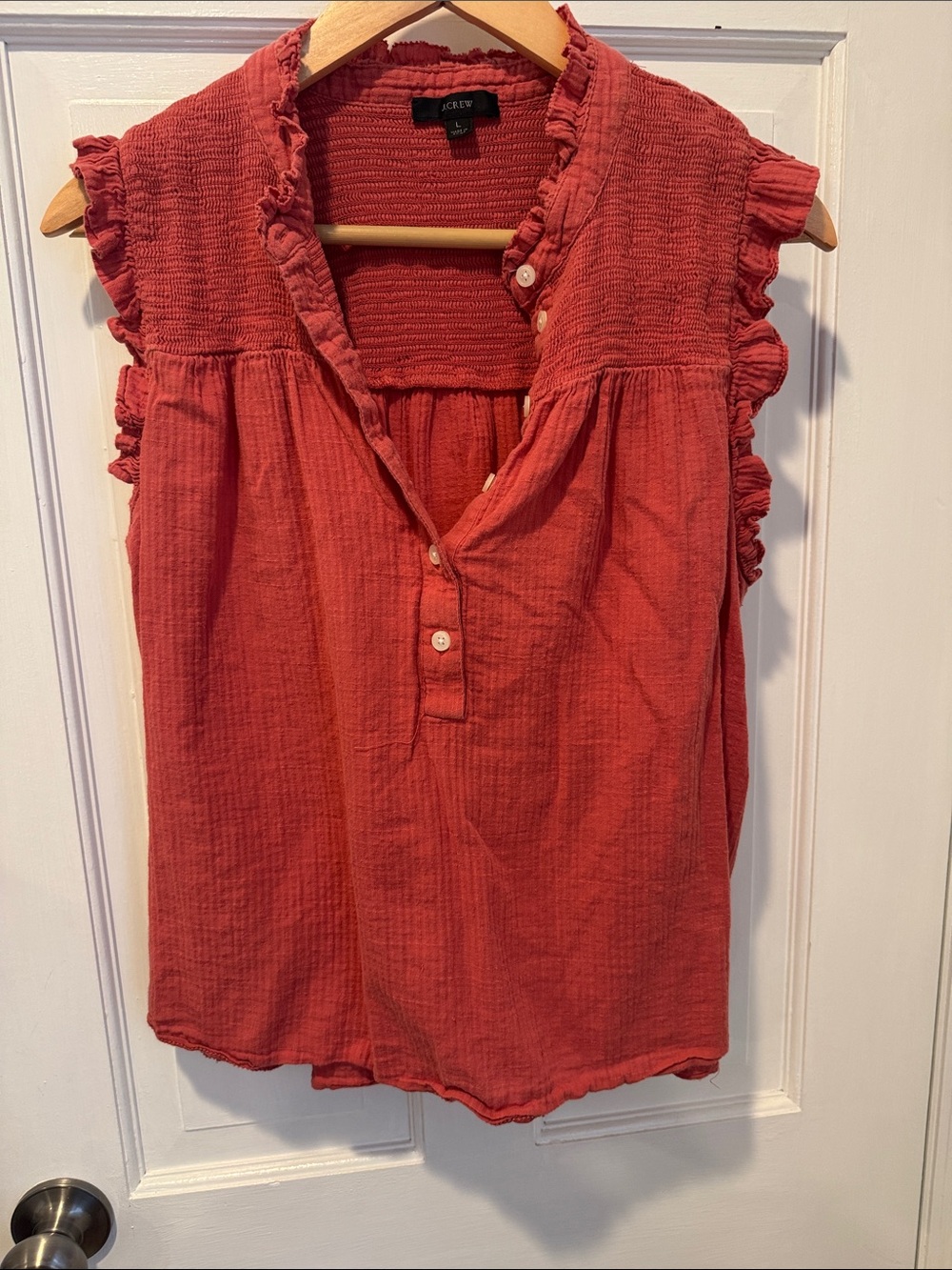 J. Crew Textured Ruffle Sleeveless Top — Coral Red